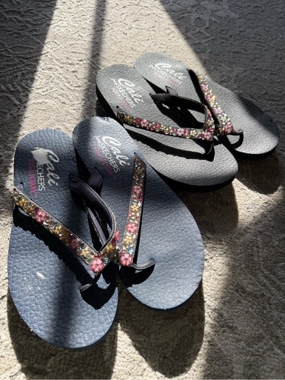 Bundle of 2 Cali by Skechers Black and Navy Flip Flops with Floral Gem Straps